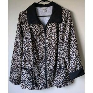 CJ Banks Zip Front Leopard Animal Print Jacket Size X Pockets Black Turn Cuffs